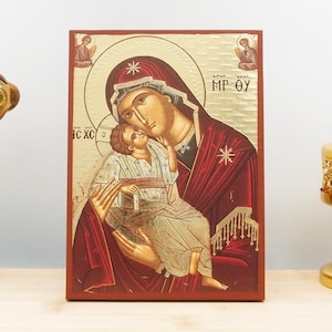 Virgin Mary Sweet Kiss “Glykophilousa” with Jesus, Wooden Handmade Icon with Gold Foil Engraving Greek Premium Byzantine Style Wall Hanging