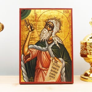 Saint Prophet Ellias or Elijah, Wooden Handmade Icon Greek Premium Byzantine Style Wall Hanging on Wood Plaque Religious Theme