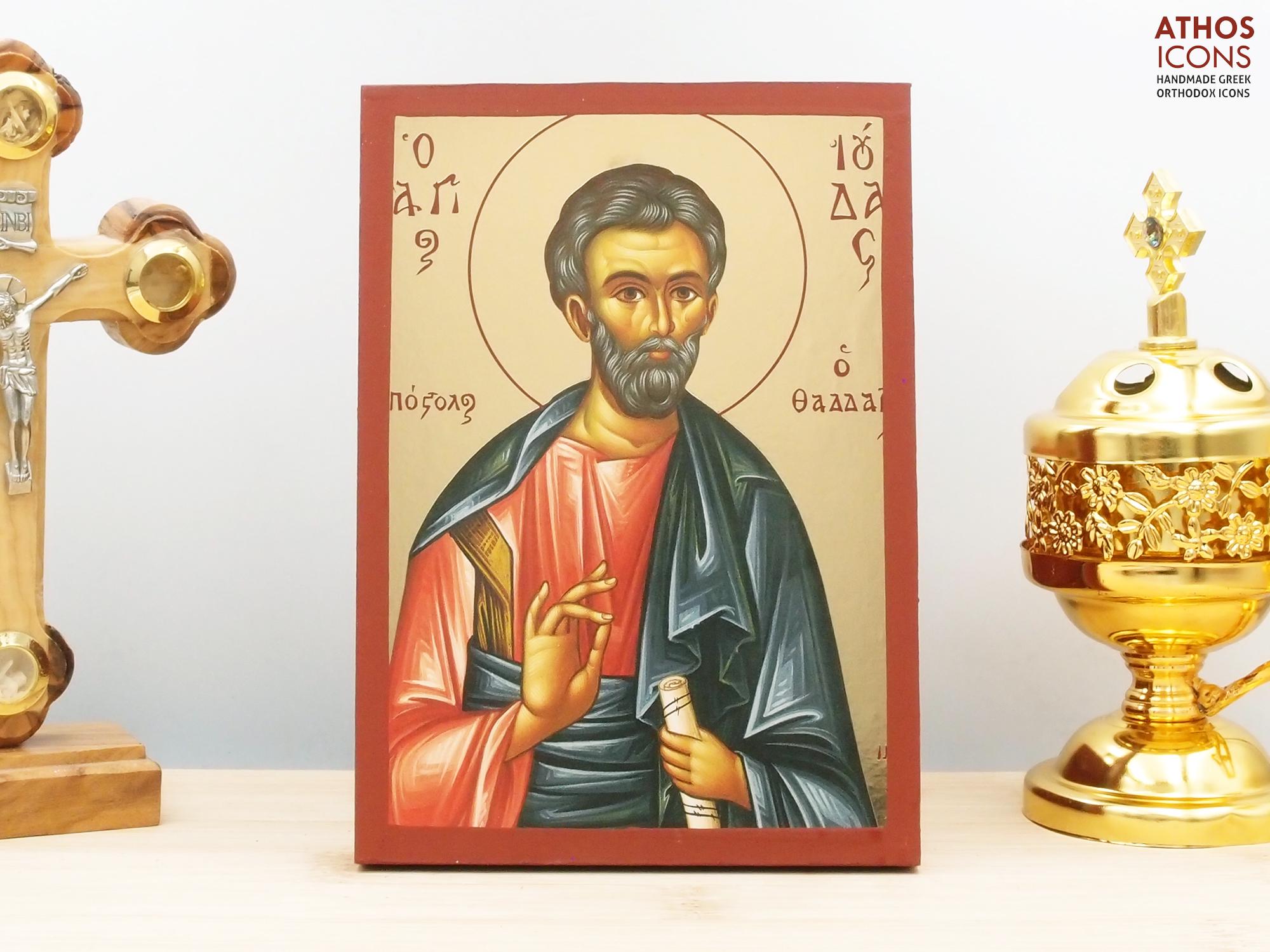Saint Apostle Jude Thaddaeus, Wooden Handmade Icon with Gold Foil Greek Premium Byzantine Style Wall Hanging Religious Theme