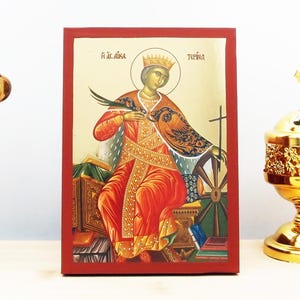 Saint Catherine of Alexandria, Wooden Handmade Icon with  Gold Foil Greek Premium Byzantine Style Wall Hanging Religious Theme