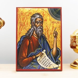 Saint Prophet Ezekiel, Wooden Handmade Icon Greek Premium Byzantine Style Wall Hanging on Wood Plaque Religious Theme