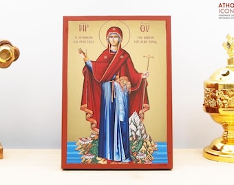Virgin Mary the Protector of Mount Athos Icon Handmade Greek Orthodox Byzantine Gold Foil Wooden Wall Art Christian Religious Gift HomeDecor