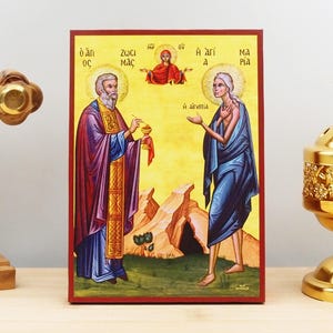 Saints Zosimas and Saint Mary of Egypt with Virgin Mary, Wooden Handmade Icon Greek Premium Byzantine Style WallHanging on WoodPlaque