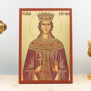 Saint Irene the Great Martyr, Wooden Handmade Icon with  Gold Foil Greek Premium Byzantine Style Wall Hanging Religious Theme