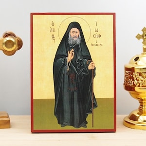 Saint Joseph the Hesychast Fullbody Icon Handmade Greek Orthodox Byzantine Wooden Wall Art Christian Religious Gift Home Decor