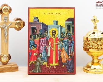 The Mocking of Jesus Christ Icon Handmade Greek Orthodox Byzantine Wooden Wall Art Christian Religious Gift Home Decor
