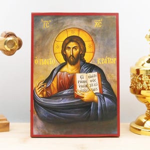 Jesus Christ Blessing Pantocrator, Wooden Handmade Icon Greek Premium Byzantine Style Wall Hanging on Wood Plaque Religious Theme