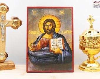 Jesus Christ Blessing Pantocrator Icon Handmade Greek Orthodox Byzantine Wooden Wall Art Christian Religious Gift Home Decor