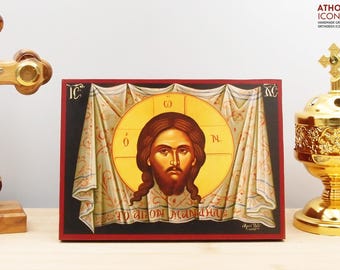 The Holy Napkin of Jesus Christ Icon Handmade Greek Orthodox Byzantine Wooden Wall Art Christian Religious Gift Home Decor