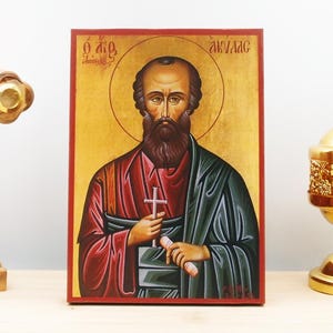 Saint Apostle Aquila, Wooden Handmade Icon Greek Premium Byzantine Style Wall Hanging on Wood Plaque Religious Theme