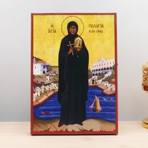 Saint Pelagia of Tinos Fullbody, Wooden Handmade Icon Greek Premium Byzantine Style Wall Hanging on Wood Plaque Religious Theme