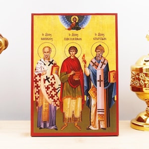 Saints Nicholas, Pantaleon and Spyridon, Wooden Handmade Icon Greek Premium Byzantine Style Wall Hanging on Wood Plaque Religious Theme