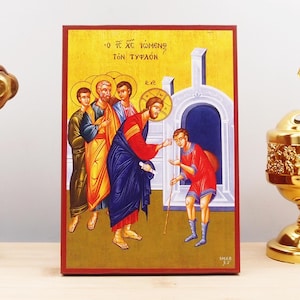 Jesus Christ Healing The Born Blind Man, Wooden Handmade Icon Greek Premium Byzantine Style Wall Hanging on Wood Plaque