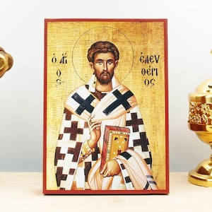 Saint Eleutherius, Wooden Handmade Icon Greek Premium Byzantine Style Wall Hanging on Wood Plaque Religious Theme