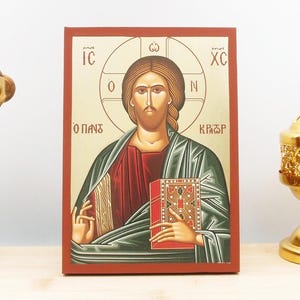 Jesus Christ Pantocrator, Wooden Handmade Icon with Gold Foil Greek Premium Byzantine Style Wall Hanging on Wood Plaque Religious Theme