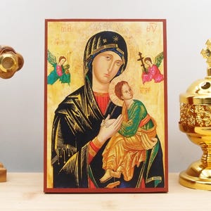 Holy Virgin Mary of Perpetual Help with Jesus, Wooden Handmade Icon Greek Premium Byzantine Style Wall Hanging on WoodPlaque Religious Theme