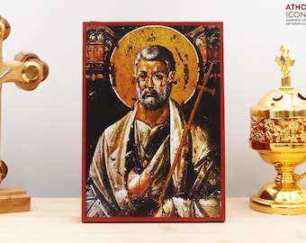 Saint Apostle Peter Fresco Icon Handmade Greek Orthodox Byzantine Wooden Wall Art Christian Religious Gift Home Decor