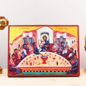The Last Supper, Wooden Handmade Icon Greek Premium Byzantine Style Wall Hanging on Wood Plaque Religious Theme
