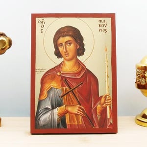 Saint Phanourios the Newly-Manifest, Wooden Handmade Icon with  Gold Foil Greek Premium Byzantine Style Wall Hanging Religious Theme