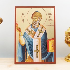 Saint Spyridon the Wonderworker and Bishop of Tremithus, Wooden Handmade Icon with  Gold Foil Greek Premium Byzantine Style Wall Hanging