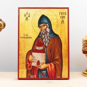 Saint Gerasimus of Kefalonia, Wooden Handmade Icon Greek Premium Byzantine Style Wall Hanging on Wood Plaque Religious Theme