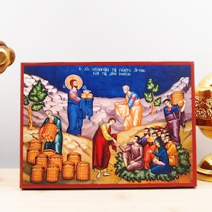 Jesus Christ Feeding the Multitude, Wooden Handmade Icon Greek Premium Byzantine Style Wall Hanging on Wood Plaque Orthodox Religious Theme