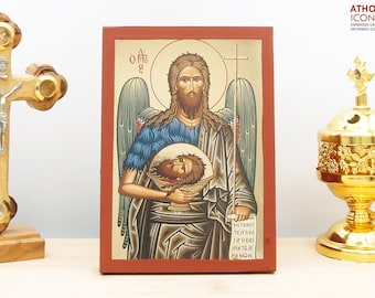 Saint John the Baptist, Wooden Handmade Icon with Gold Foil Greek Premium Byzantine Style Wall Hanging Religious Theme