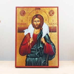 Jesus Christ the Good Shepherd, Wooden Handmade Icon Greek Premium Byzantine Style Wall Hanging on Wood Plaque Religious Theme