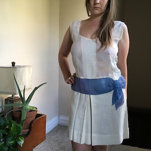 Vintage 1920s Drop Waist Day Dress in Sheer Cream Cotton with Silky Blue Belt
