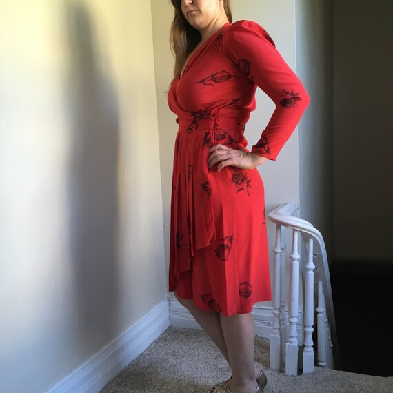 Blood Red Vintage Silk Wrap Dress w/ Black Roses … - image 3