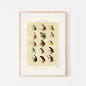 Vintage Fly Fishing Print - Antique Cabin art- Fishing Gifts for Him- Trout Flies- Fishing Lure - Boyfriend Gift - Lake House Fish Decor