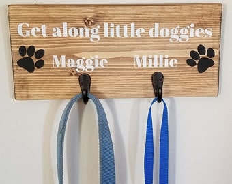 Dog Leash Paw Wood Sign Personalized, Get Along Little Doggies