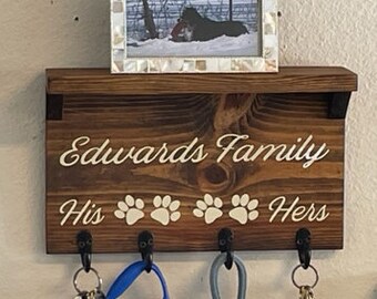 Dog Leash Holder with Shelf Wood His/Hers Personalized