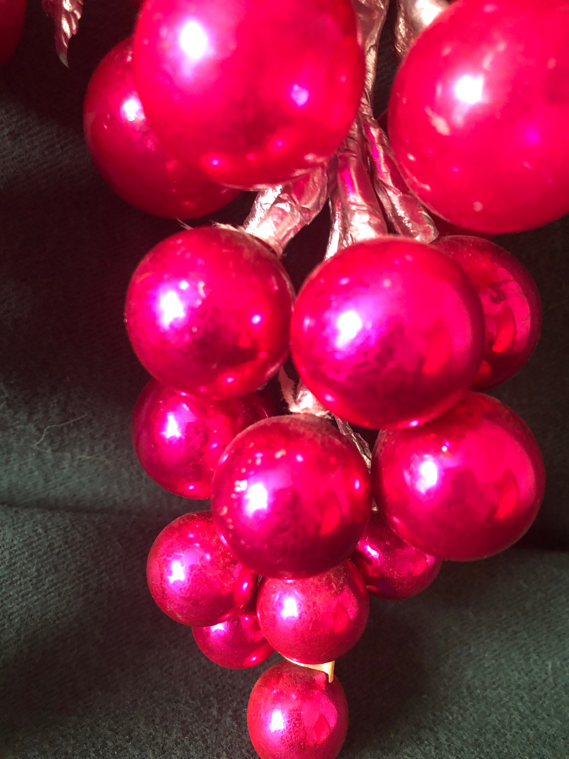 Two Vintage Shocking Pink Glass Grape Cluster Christmas Tree Ornaments