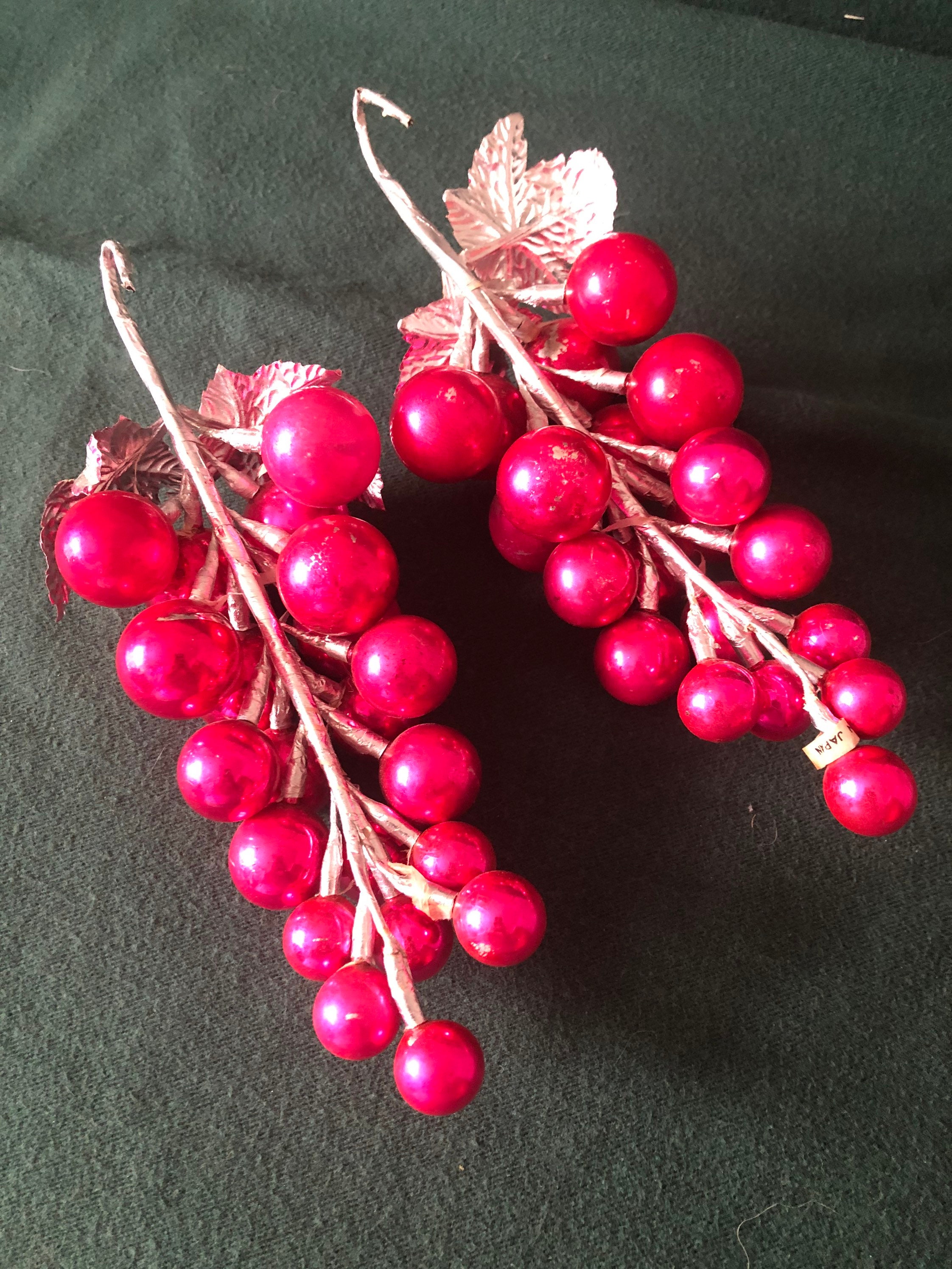 Two Vintage Shocking Pink Glass Grape Cluster Christmas Tree Ornaments