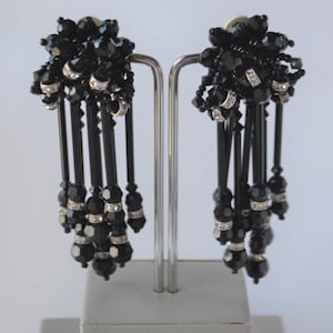 Black Beaded dangle earrings, clip on earrings, Black statement earrings,