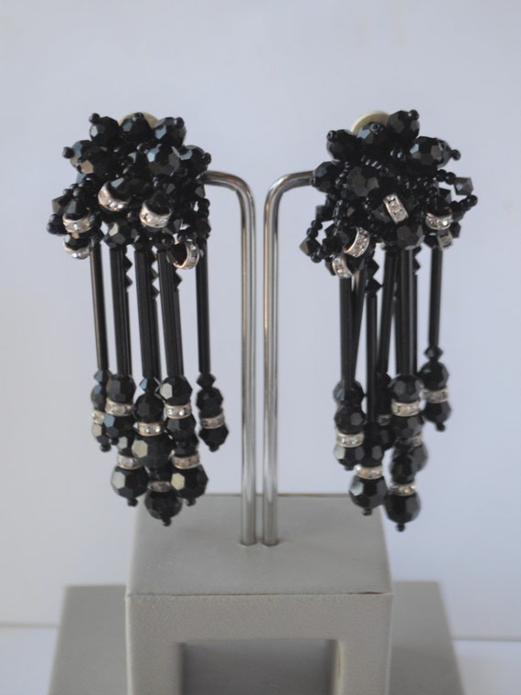 Black Beaded dangle earrings, clip on earrings, Bl