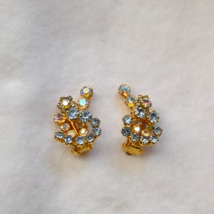 Karu rhinestone cluster Earrings from Austria, blue rhinestone cluster earrings. Designer gold clip on earrings, Mother&#39;s day gift
