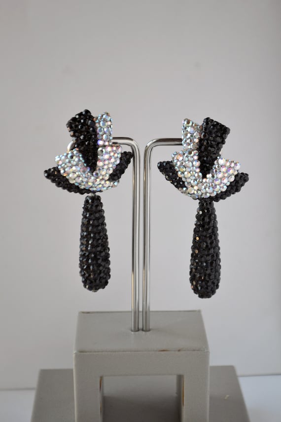 Black and white crystal dangle earrings, disco ear