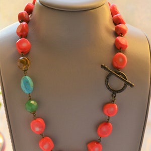 Coral bead necklace, toggle orange necklace