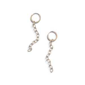May include: A pair of silver-toned hoop earrings, each featuring a textured circular hoop with a dangling chain attachment. The chains consist of several oval-shaped links that hang vertically from the base of each hoop earring.