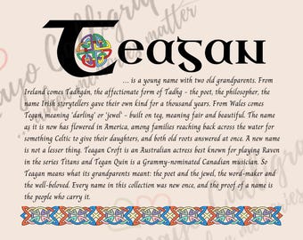 Teagan Name Print - Irish Name Meaning Wall Art - Personalised Christening Gift - Baptism Gift Girl - Goddaughter Gift - Celtic Art Print