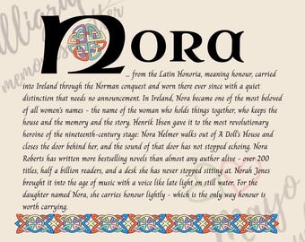 Nora Name Print - Irish Name Meaning Wall Art - Personalised Christening Gift - Baptism Gift Girl - Goddaughter Gift - Celtic Art Print