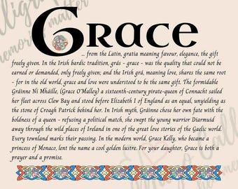 Grace Name Print - Irish Name Meaning Wall Art - Personalised Christening Gift - Baptism Gift Girl - Goddaughter Gift - Celtic Art Print