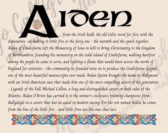 Aiden Name Print - Irish Name Meaning Wall Art - Personalised Christening Gift - Baptism Gift Boy - Godson Gift - Celtic Art Print