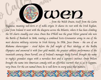 Owen Name Print - Irish Name Meaning Wall Art - Personalised Christening Gift - Baptism Gift Boy - Godson Gift - Celtic Art Print