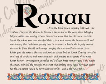 Ronan Name Print - Irish Name Meaning Wall Art - Personalised Christening Gift - Baptism Gift Boy - Godson Gift - Celtic Art Print