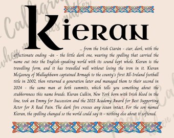 Kieran Name Print - Irish Name Meaning Wall Art - Personalised Christening Gift - Baptism Gift Boy - Godson Gift - Celtic Art Print