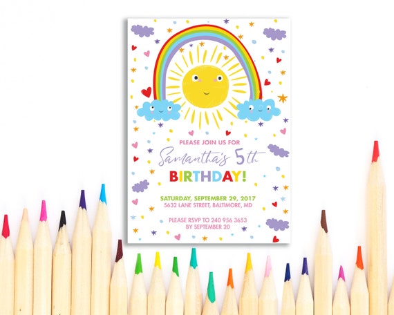 rainbow birthday invitation girls birthday invites printed etsy