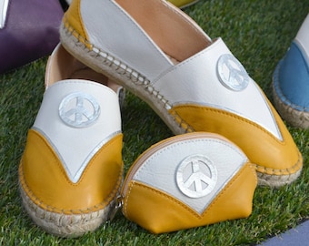 Espadrilles/Alpargatas: Yute, Piel, Cuero, Mujer, Planas, Sandalias, Campervan, Vanlife, Retro, Hippie, Boho, Surf, VWT1 Amarillo /Blanco